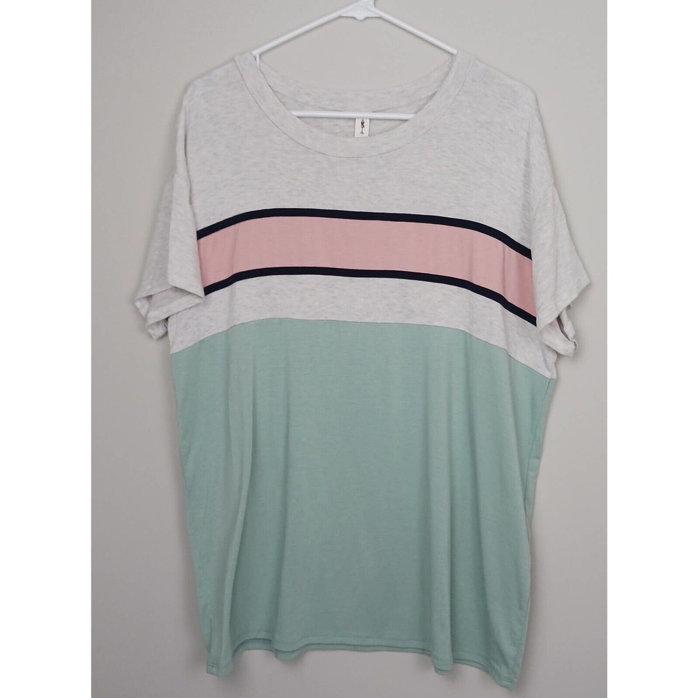 Womens Boutique Designer Color Block Green Gray Pink Stripe Short Sleeves Large